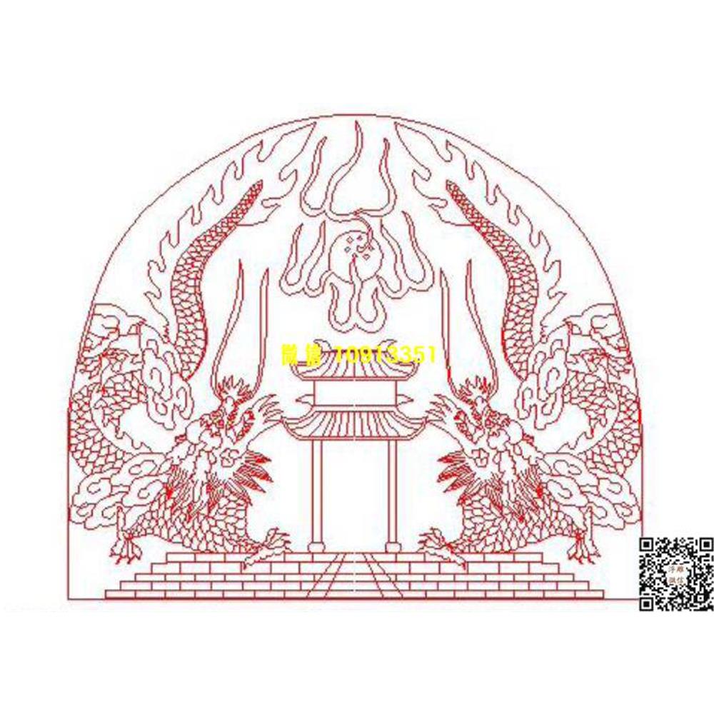 精雕图72双龙墓碑碑头线雕图线条图单线铣底图_电脑雕刻plt文泰矢量图精雕图浮雕图